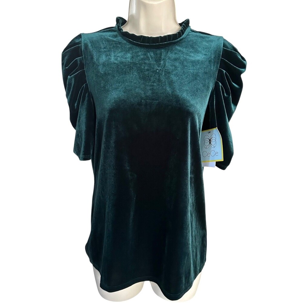 CECE Women's Soft Velour Blouse Top Short Puff Sleeve Size S Hunter Green